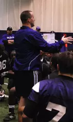 NU coach Pat Fitzgerald addresses the Wildcats following Monday's first spring practice.