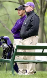 Pat Goss, pictured here with Eric Chun at the 2009 NCAA Championships, has added three-time All-American David Inglis to the NU coaching staff.