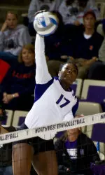 Yewande Akanbi tied teammate Stephanie Holthus with nine kills in the win over the Hawkeyes.