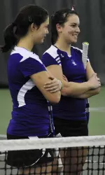 Paired together for the first time in three weeks, Hamilton (left) and Abu Mushrefova helped NU gain the doubles point.
