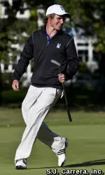 Junior John Callahan celebrates his winning putt on his final hole, the long par-3 16th.