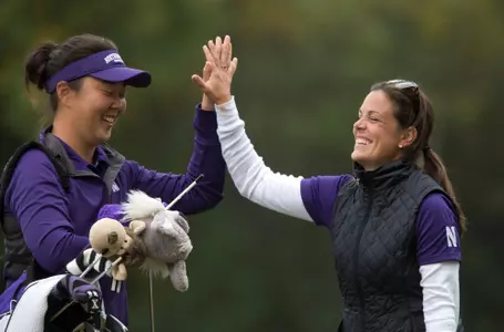 Hana Lee and Beth Miller during the finals of Northwestern's Windy City Collegiate Women's Golf Classic at Northmoor Country Club Tuesday, October 1, 2013 in Highland Park, Ill. Photo for Northwestern by John Konstantaras