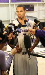 Fifth-year senior Drew Crawford drew a big crowd on Media Day.