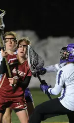 Anchored by GK Bridget Bianco (right) in the cage, the NU defense recorded 12 caused turnovers in its home debut vs. Boston College Wednesday. (Photo by TD Paulius)