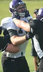 Northwestern held another physical practice on Day Two of Camp Kenosha, as offensive lineman Shane Mertz, pictured here, can attest.