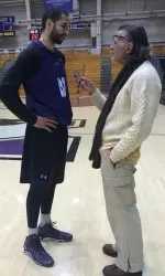Drew Crawford chats with Skip Myslenski prior to Monday's practice.