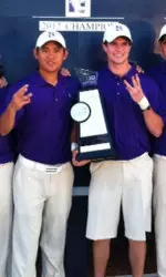 Former Wildcats Sam Chien (left) and Nick Losole (right) celebrate NU's third-straight Big Ten Match Play title in 2012.
