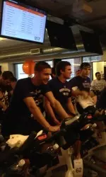 NU men's soccer players Mike Roberge, Grant Wilson and Jeff Rodgers spin during the first hour of Cycle for Survival.