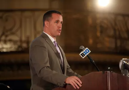 Jul 28, 2014; Chicago, IL, USA; Northwestern Wildcats head coach Pat Fitzgerald addresses the media during the Big Ten football media day at Hilton Chicago. Mandatory Credit: Jerry Lai-USA TODAY Sports