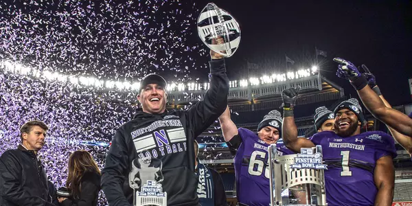 Pat Fitzgerald Pinstripe Bowl Trophy Celebration
