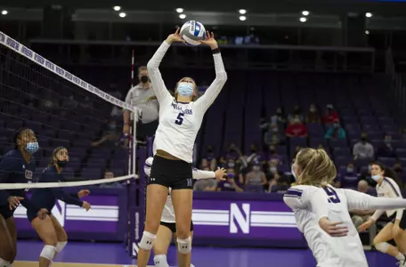 Northwestern vs UIC women's volleyball during the first round of the Chicago Cup at Welsh Ryan Arena on 09/17/2021 in Evanston, Ill. Northwestern Athletics Photo by John Konstantaras | http://JohnKonPhoto.com