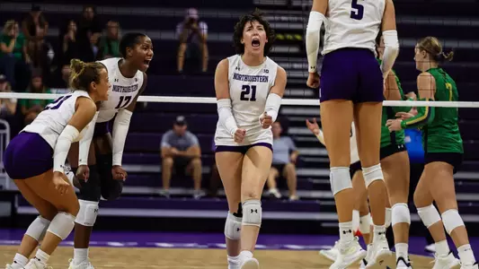 Northwestern vs. Notre Dame Women’s Volleyball home opener at Welsh-Ryan Arena on 09/12/2024 in Evanston, Illinois. John Konstantaras/Northwestern Athletics | http://JohnKonPhoto.com