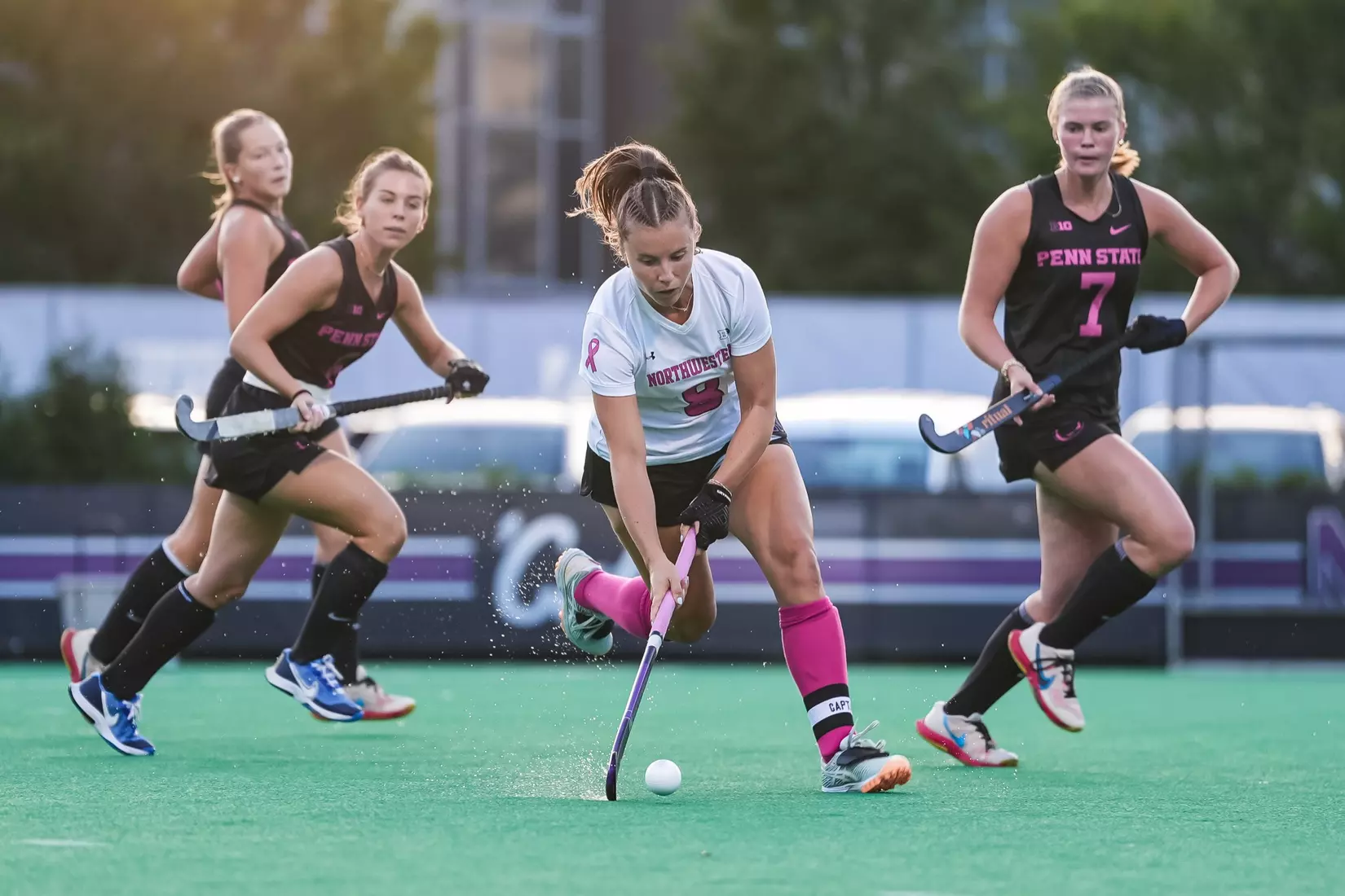 October 10, 2025, Evanston, IL: A match between Northwestern Field Hockey and Penn State on Lakeside Field in Evanston, IL on Friday, October 10, 2025. (Photo by Michelle Nartey/Northwestern Athletics)