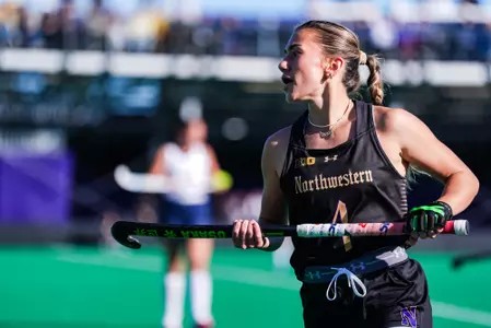 October 24, 2025, Evanston, IL: A game between Northwestern Field Hockey and Michigan at Lakeside Field in Evanston, IL on Friday, October 24, 2025. (Photo by Mary Grace Grabill/Northwestern Athletics)