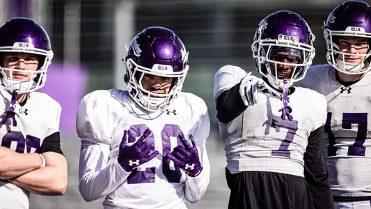 April 3, 2025, Evanston, IL: Members of the Northwestern Football team practice at Northwestern Medicine Field at Martin Stadium in Evanston, IL on Thursday, April 3, 2025. (Photo by Griffin Quinn/Northwestern Athletics)
