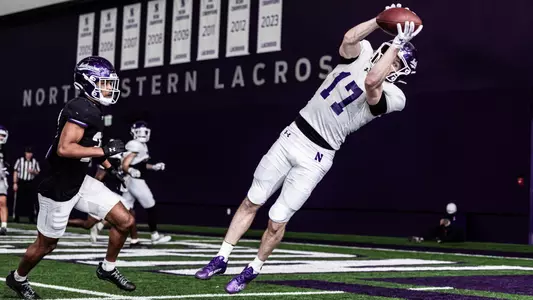 April 5, 2025, Evanston, IL: Members of the Northwestern Football team practice at at Ryan Fieldhouse in Evanston, IL on Saturday, April 5, 2025. (Photo by Ryan Kuttler/Northwestern Athletics)