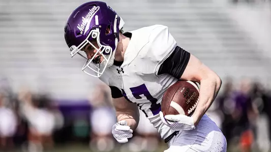April 3, 2025, Evanston, IL: Members of the Northwestern Football team practice at Northwestern Medicine Field at Martin Stadium in Evanston, IL on Thursday, April 3, 2025. (Photo by Griffin Quinn/Northwestern Athletics)