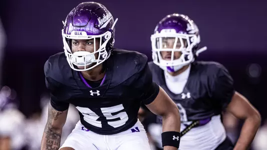 April 8, 2025, Evanston, IL: Members of the Northwestern Football team practice at Wilson Field at Ryan Fieldhouse in Evanston, IL on Tuesday, April 8, 2025. (Photo by Griffin Quinn/Northwestern Athletics)