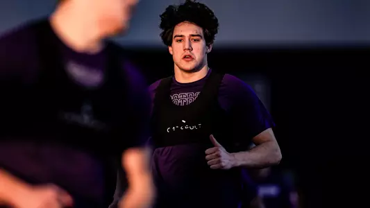 February 14, 2025, Evanston, IL: Members of the Northwestern Football team workout as part of Winning Edge at Wilson Field at Ryan Fieldhouse in Evanston, IL on Friday, February 14, 2025. (Photo by Griffin Quinn/Northwestern Athletics)