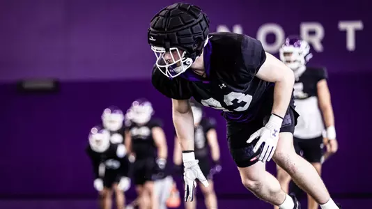March 11, 2025, Evanston, IL: Members of the Northwestern Football team practice at Wilson Field at Ryan Fieldhouse in Evanston, IL on Tuesday, March 11, 2025. (Photo by Griffin Quinn/Northwestern Athletics)