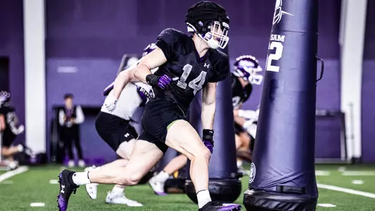 March 11, 2025, Evanston, IL: Members of the Northwestern Football team practice at Wilson Field at Ryan Fieldhouse in Evanston, IL on Tuesday, March 11, 2025. (Photo by Griffin Quinn/Northwestern Athletics)