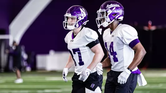 March 6, 2025, Evanston, IL: Members of the Northwestern Football team practice at Wilson Field at Ryan Fieldhouse in Evanston, IL on Thursday, March 6, 2025. (Photo by Griffin Quinn/Northwestern Athletics)