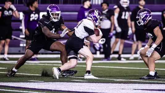 April 8, 2025, Evanston, IL: Members of the Northwestern Football team practice at Wilson Field at Ryan Fieldhouse in Evanston, IL on Tuesday, April 8, 2025. (Photo by Griffin Quinn/Northwestern Athletics)