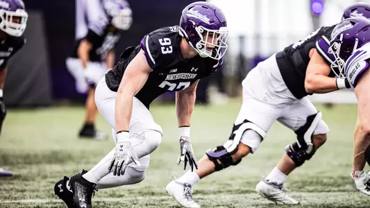 April 19, 2025, Evanston, IL: Members of the Northwestern Football team practice at Northwestern Medicine Field at Martin Stadium in Evanston, IL on Saturday, April 19, 2025. (Photo by Griffin Quinn/Northwestern Athletics)