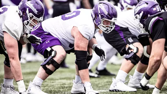 April 15, 2025, Evanston, IL: Members of the Northwestern Football team practice at Northwestern Medicine Field at Martin Stadium in Evanston, IL on Tuesday, April 15, 2025. (Photo by Griffin Quinn/Northwestern Athletics)