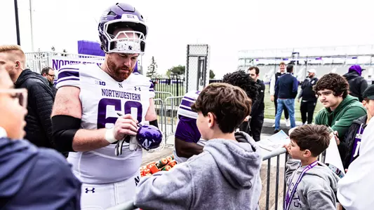 April 19, 2025, Evanston, IL: Members of the Northwestern Football team practice at Northwestern Medicine Field at Martin Stadium in Evanston, IL on Saturday, April 19, 2025. (Photo by Griffin Quinn/Northwestern Athletics)