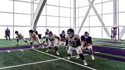 April 5, 2025, Evanston, IL: Members of the Northwestern Football team practice at at Ryan Fieldhouse in Evanston, IL on Saturday, April 5, 2025. (Photo by Ryan Kuttler/Northwestern Athletics)