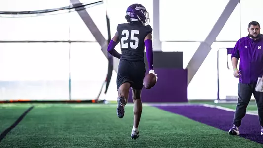 March 6, 2025, Evanston, IL: Members of the Northwestern Football team practice at Wilson Field at Ryan Fieldhouse in Evanston, IL on Thursday, March 6, 2025. (Photo by Griffin Quinn/Northwestern Athletics)