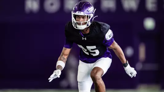 April 5, 2025, Evanston, IL: Members of the Northwestern Football team practice at at Ryan Fieldhouse in Evanston, IL on Saturday, April 5, 2025. (Photo by Ryan Kuttler/Northwestern Athletics)