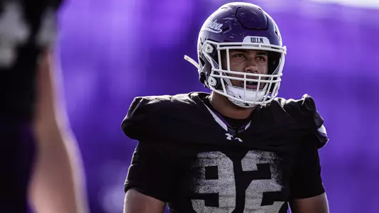 April 3, 2025, Evanston, IL: Members of the Northwestern Football team practice at Northwestern Medicine Field at Martin Stadium in Evanston, IL on Thursday, April 3, 2025. (Photo by Griffin Quinn/Northwestern Athletics)