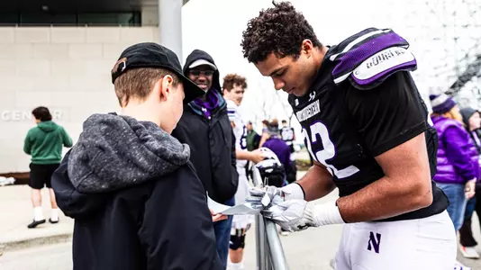 April 19, 2025, Evanston, IL: Members of the Northwestern Football team practice at Northwestern Medicine Field at Martin Stadium in Evanston, IL on Saturday, April 19, 2025. (Photo by Griffin Quinn/Northwestern Athletics)