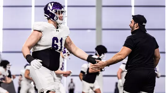 April 5, 2025, Evanston, IL: Members of the Northwestern Football team practice at at Ryan Fieldhouse in Evanston, IL on Saturday, April 5, 2025. (Photo by Ryan Kuttler/Northwestern Athletics)