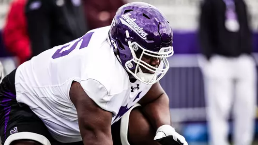 April 17, 2025, Evanston, IL: Members of the Northwestern Football team practice at Northwestern Medicine Field at Martin Stadium in Evanston, IL on Thursday, April 17, 2025. (Photo by Griffin Quinn/Northwestern Athletics)