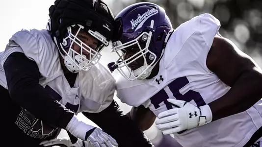 April 3, 2025, Evanston, IL: Members of the Northwestern Football team practice at Northwestern Medicine Field at Martin Stadium in Evanston, IL on Thursday, April 3, 2025. (Photo by Griffin Quinn/Northwestern Athletics)