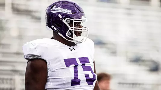 April 17, 2025, Evanston, IL: Members of the Northwestern Football team practice at Northwestern Medicine Field at Martin Stadium in Evanston, IL on Thursday, April 17, 2025. (Photo by Griffin Quinn/Northwestern Athletics)