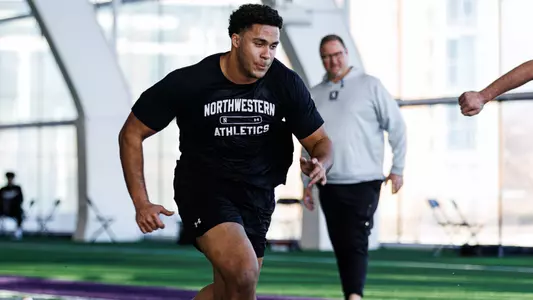 February 27, 2026, Evanston, IL: Members of the Northwestern Football team workout at Wilson Field at Walter Athletics Center in Evanston, IL on Friday, February 27, 2026. (Photo by Griffin Quinn/Northwestern Athletics)