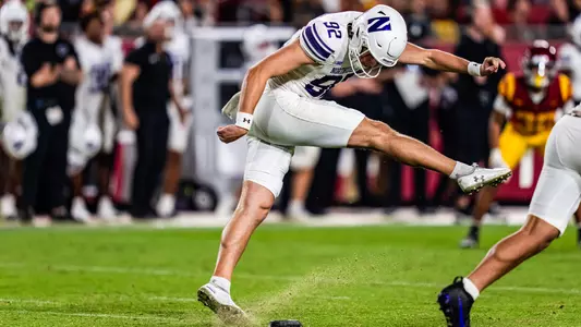 November 7, 2025, Los Angeles, CA: A game between Northwestern Football and the University of Southern California at The Los Angeles Memorial Coliseum in Los Angeles, CA on Friday, November 7, 2025. (Photo by Ryan Kuttler/Northwestern Athletics)