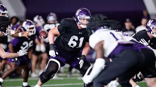 March 14, 2026, Evanston, IL: Members of the Northwestern Football team practice at Wilson Field at Ryan Fieldhouse in Evanston, IL on Saturday, March 14, 2026. (Photo by Griffin Quinn/Northwestern Athletics)