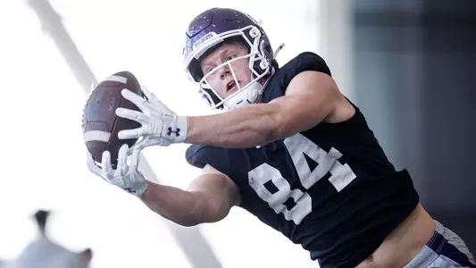 March 30, 2026, Evanston, IL: Northwestern Football practices at Wilson Field at Ryan Fieldhouse in Evanston, IL on Monday, March 30, 2026. (Photo by Griffin Quinn/Northwestern Athletics)
