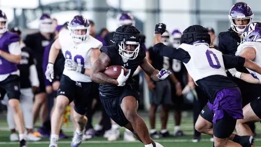 March 30, 2026, Evanston, IL: Northwestern Football practices at Wilson Field at Ryan Fieldhouse in Evanston, IL on Monday, March 30, 2026. (Photo by Griffin Quinn/Northwestern Athletics)