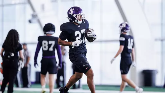 March 31, 2026, Evanston, IL: Northwestern Football practices at Wilson Field at Ryan Fieldhouse in Evanston, IL on Tuesday, March 31, 2026. (Photo by Griffin Quinn/Northwestern Athletics)