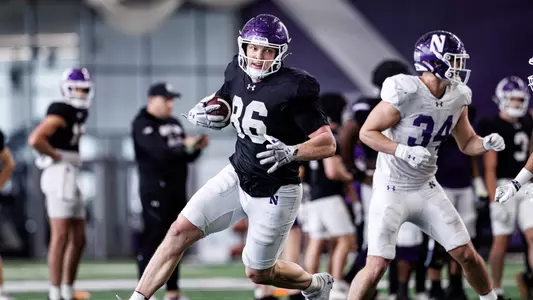 April 2, 2026, Evanston, IL: Northwestern Football practices at Wilson Field at Ryan Fieldhouse in Evanston, IL on Thursday, April 2, 2026. (Photo by Griffin Quinn/Northwestern Athletics)