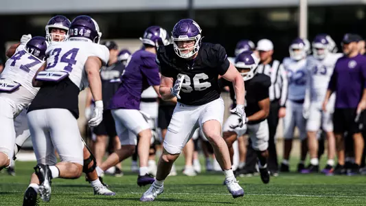 April 9, 2026, Evanston, IL: Northwestern Football practices at Northwestern Medicine Field at Martin Stadium in Evanston, IL on Thursday, April 9, 2026. (Photo by Griffin Quinn/Northwestern Athletics)