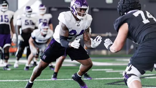 April 14, 2026, Evanston, IL: Northwestern Football practices at Wilson Field at Ryan Fieldhouse in Evanston, IL on Tuesday, April 14, 2026. (Photo by Griffin Quinn/Northwestern Athletics)