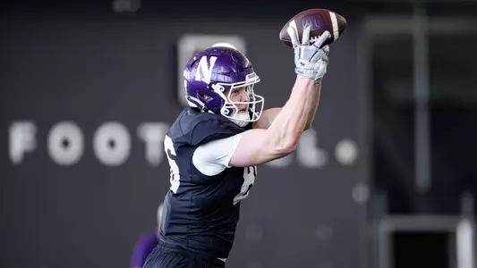 April 14, 2026, Evanston, IL: Northwestern Football practices at Wilson Field at Ryan Fieldhouse in Evanston, IL on Tuesday, April 14, 2026. (Photo by Griffin Quinn/Northwestern Athletics)