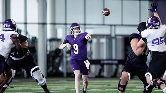April 14, 2026, Evanston, IL: Northwestern Football practices at Wilson Field at Ryan Fieldhouse in Evanston, IL on Tuesday, April 14, 2026. (Photo by Griffin Quinn/Northwestern Athletics)